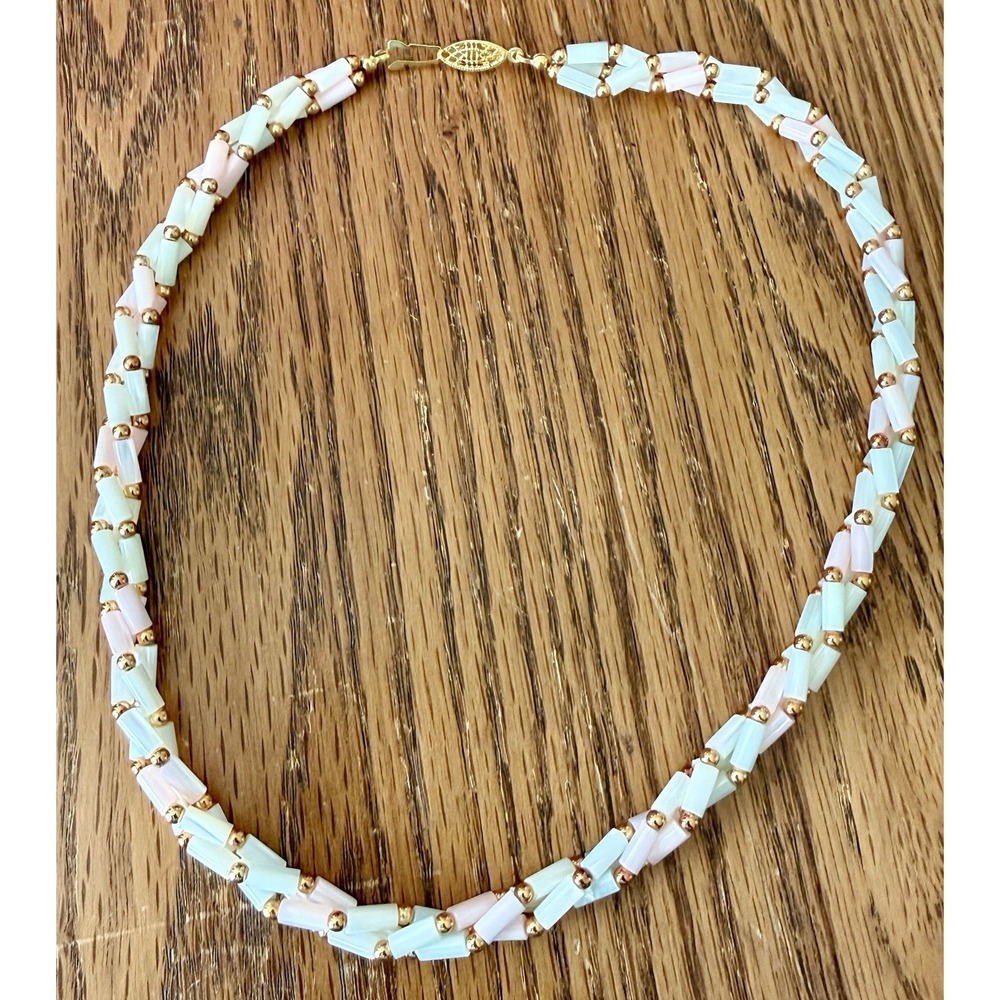 Vintage Pastel Bead triple Strand Necklace Gold Tone Spacers Marked G Silver
